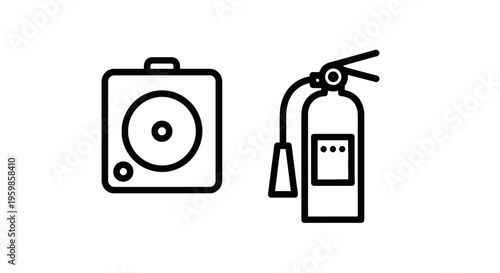 Emergency icons: fire alarm speaker and fire extinguisher, representing safety and protection equipment, fire fighting