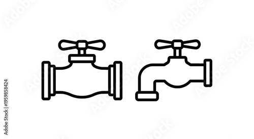 Water faucet and pipe valve icons, plumbing fixtures and water supply system symbols