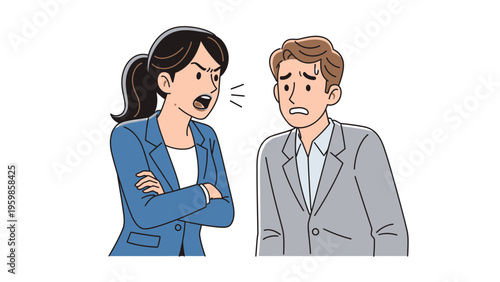 Angry Business Woman Talking to Sad Man in Office vector icon