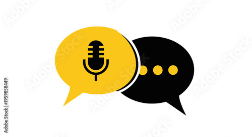 Yellow Speech Bubble with Microphone and Black Chat Bubbles vector icon