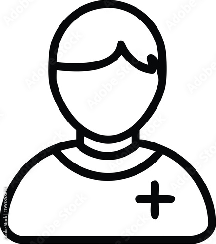 A simple black and white line drawing depicts a human head and shoulders featuring a plus sign symbol on the chest high quality professional detailed modern