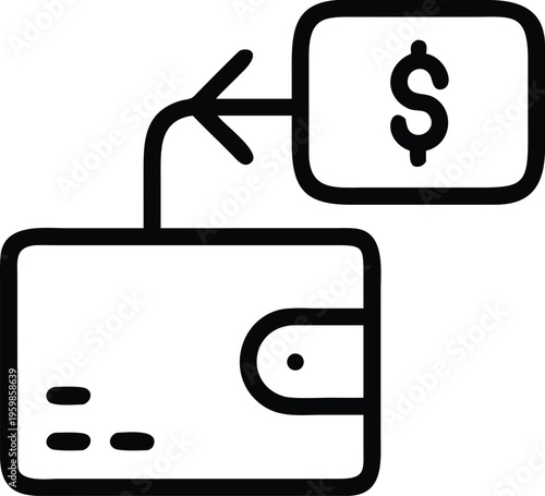 A simple black and white line drawing depicts money flowing from a dollar sign contained within a rectangle to a wallet high quality professional detailed modern