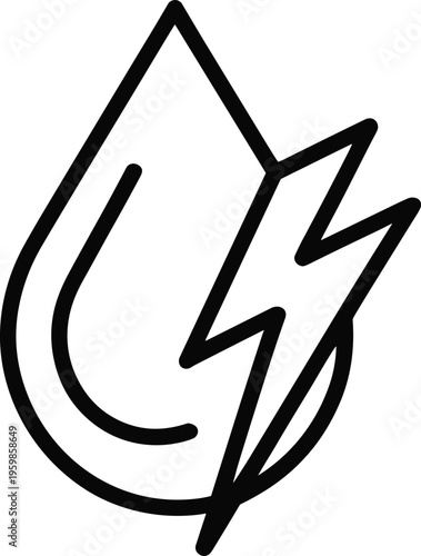 Black outline vector icon featuring water drop with lightning bolt representing hydroelectric power clean energy resources and sustainable utility services