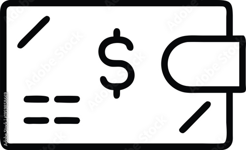 A simple black and white line drawing depicts a wallet with visible cash and a dollar sign suggesting finance or payment high quality professional detailed modern