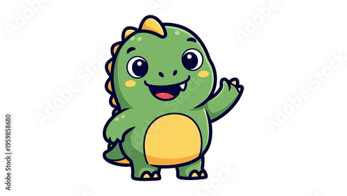 Green Dinosaur Waving Cartoon Character on White vector icon