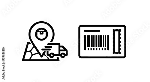 Delivery truck at location pin and barcode on ticket line art icons for logistics and retail with supply chain