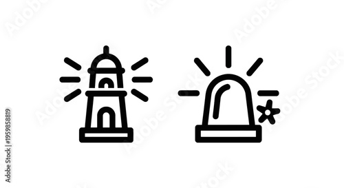 Lighthouse with light beams and emergency alarm light line art icons for guidance and alert with white background