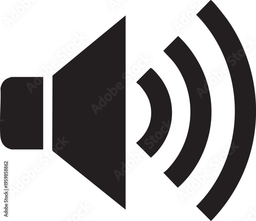 A black speaker icon emits sound waves on a white background