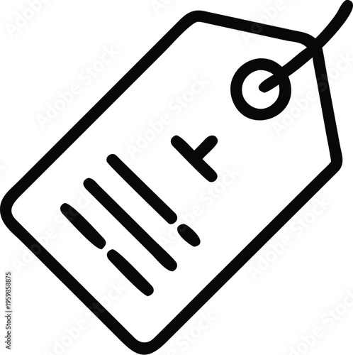 A simple black and white line drawing depicts a price tag with horizontal lines and a circular reinforcement high quality professional detailed modern elegant stylish clean