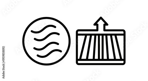 Water waves and air filter line art icons for environmental cleaning and air quality with white background