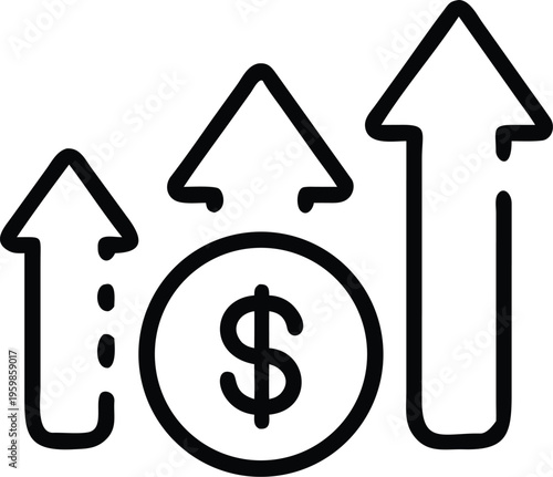 This graphic depicts financial growth showcasing upward pointing arrows alongside a dollar sign enclosed within a circular frame high quality professional detailed modern elegant stylish clean