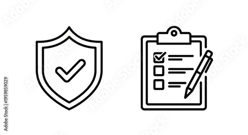 Security shield with checkmark and checklist clipboard with pen icon, safety and approval concept, line art