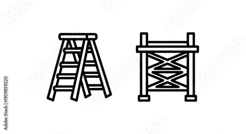 Construction and access icons: ladder and scaffolding for height and building with home improvement