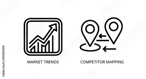 Market trends and competitor mapping icons for business strategy and analysis with upward trend