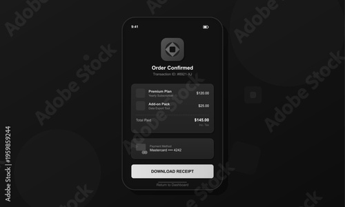 This dark-themed mobile app user interface shows a confirmed order summary including a yearly subscription, add-on pack, total payment amount, and a download receipt button.