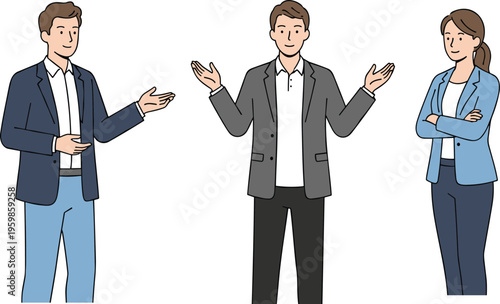 Business people flat vector illustration set, male and female characters in various poses with casual wear.
