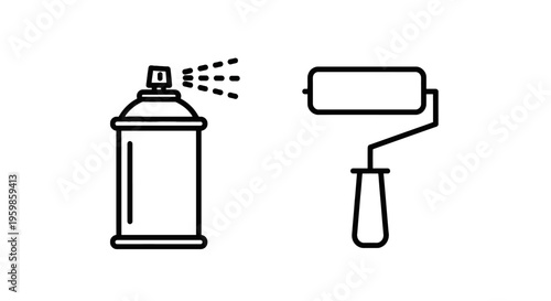Painting tools icons: spray can and roller brush for renovation and diy projects with home improvement
