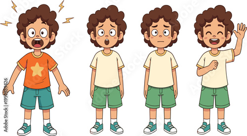 Cartoon Curly Hair Boy Character Set with Different Poses and Emotions, Including Shocked, Neutral, and Happy Expressions for Animation and Vector Illustration Design.