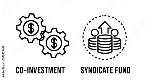 Finance icons: co-investment gears and syndicate fund stack of coins with arrow with co investment