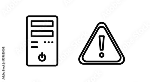 Computer error warning icons: server tower and alert triangle with exclamation mark with data center