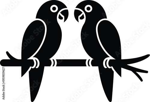 Black lovebirds silhouette illustration, two parrots sitting on branch isolated on white background for romantic and nature design