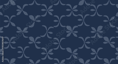 Deep navy blue pattern featuring dark slate gray stylized leaf motifs arranged in repeating quatrefoil structures for sophisticated corporate brand identity