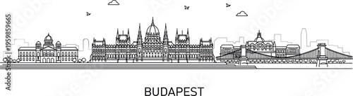 Budapest city skyline line art illustration, Hungary capital landmark panorama with Parliament building and Chain Bridge, minimalist vector cityscape outline design