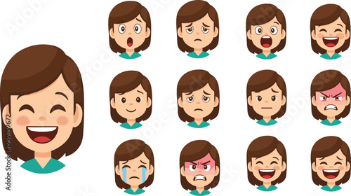 Cartoon Girl Face Expression Set with Various Emotions Including Happy, Sad, Angry, Crying, and Surprised Female Avatar Vector Illustration Collection.