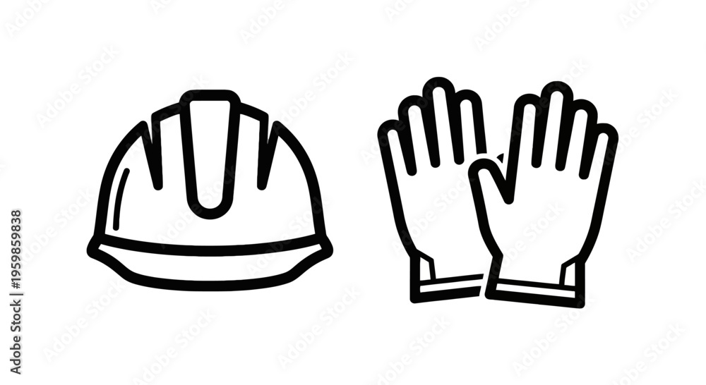 Fototapeta premium Hard hat and gloves icons: safety, work, and protection gear concepts, line art, hardhat icon