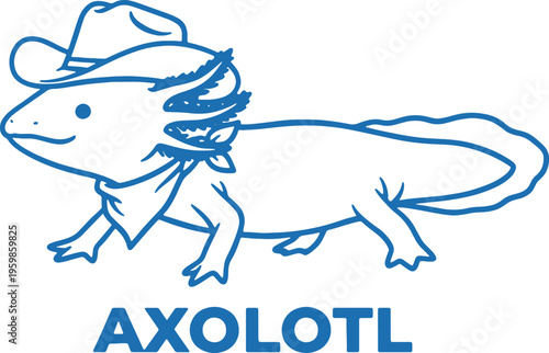 blue axolotl wearing cowboy hat and bandana