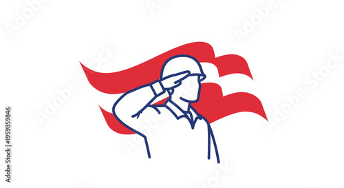 Saluting Soldier Line Icon with Flowing Patriotic Flag Background in Clean Minimal Style