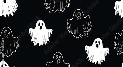Spooky halloween pattern featuring floating white ghosts with expressive faces on solid black background for seasonal holiday party flyers and decor