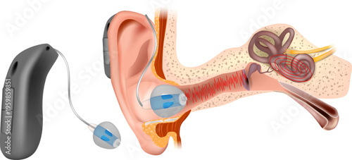 Behind the Ear Hearing Aid Device Medical Illustration with Inner Ear Anatomy. Sound wave transmission from the hearing aid through the middle ear to the inner ear.
