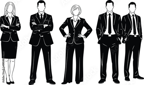 Business team silhouette illustration, confident corporate professionals standing together, men and women in formal suits, leadership, teamwork, success concept isolated