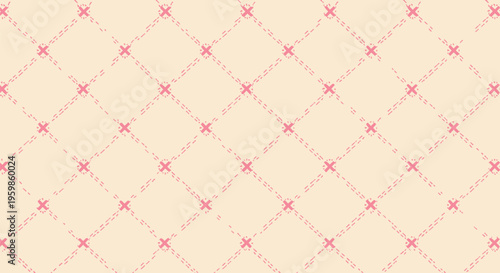Cute seamless light pink background with dashed lines and small pink crosses creating diagonal grid pattern for wrapping paper or textile