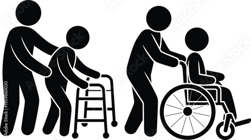 Caregiver assisting elderly person with walker and wheelchair, disability support icon set, black silhouette healthcare and senior assistance concept