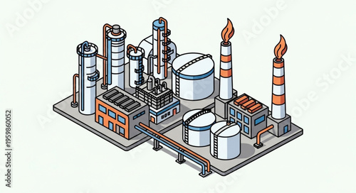 Isometric Oil Refinery Illustration - Industrial Complex with Tanks and Towers.