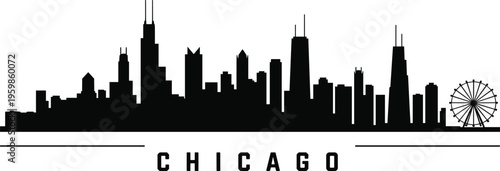 Chicago city skyline silhouette with skyscrapers and Ferris wheel, urban architecture panorama isolated on white background vector illustration