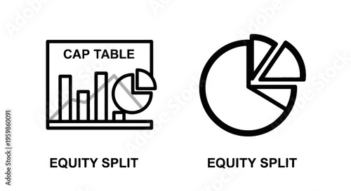 Equity split and cap table icons with pie chart and bar graph, illustrating financial division