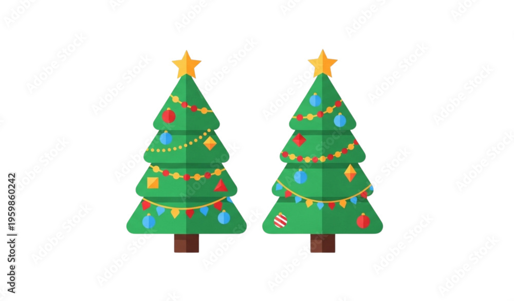 Fototapeta premium Two decorated Christmas trees flat vector illustration with ornaments and golden stars for holiday celebration design