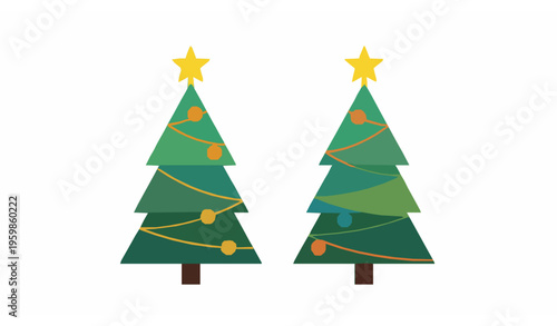 Minimal Christmas tree duo vector design with colorful ornaments and star toppers for seasonal greeting graphics