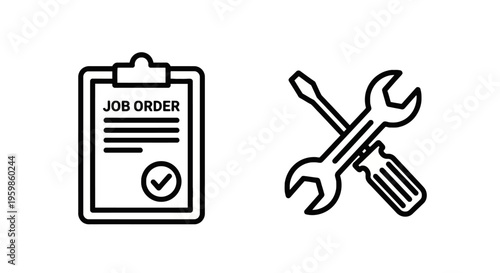 Job order checklist and tools icon: work order, screw driver and wrench symbols, line art