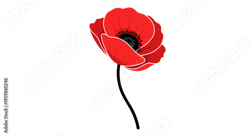 Red Poppy Flower with Black Center in Simple Flat Botanical Illustration Icon