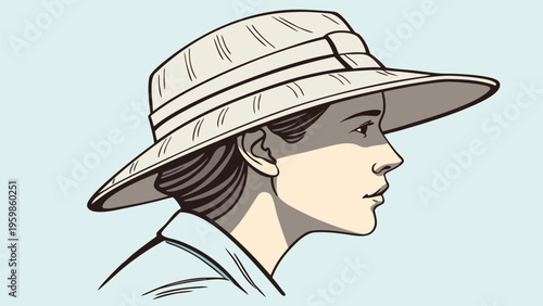 Female portrait with wide brim hat, minimalist fashion illustration, elegant style concept for summer outfits, lifestyle branding, and modern character design.