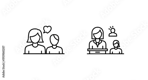Mother and child icons: loving parent and child relationship, business meeting symbols, line art
