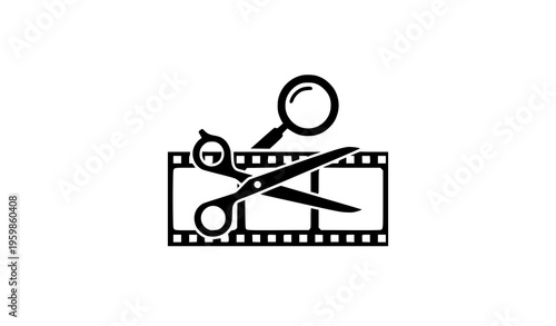 Film strip with scissors and magnifying glass silhouette icon for video editing and postproduction tools
