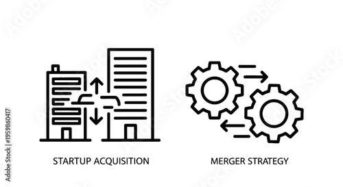 Startup acquisition and merger strategy business icons | company growth line art vector with black white