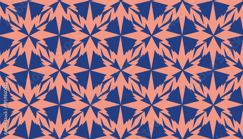 Geometric abstract seamless pattern with sharp angular shapes and arrows creating symmetrical starbursts on coral background dynamic modern design for textiles and wallpapers