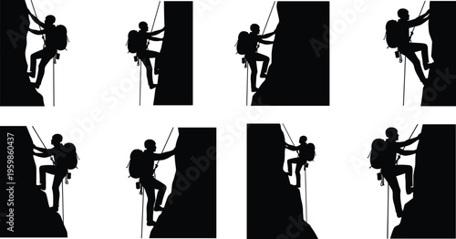 Collection of rock climber silhouettes ascending steep cliffs with ropes and backpacks isolated on white background for outdoor adventure and extreme sports.
