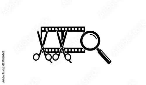Cinematic editing tools silhouette vector icon film strip scissors and magnifier media production symbol